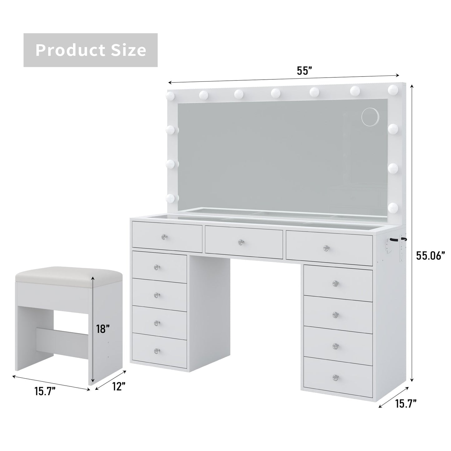 11-Drawer LED Mirror Vanity Desk - Yanosaku