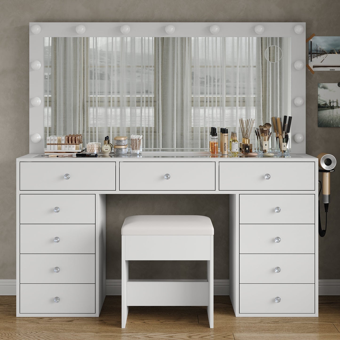 11-Drawer LED Mirror Vanity Desk - Yanosaku