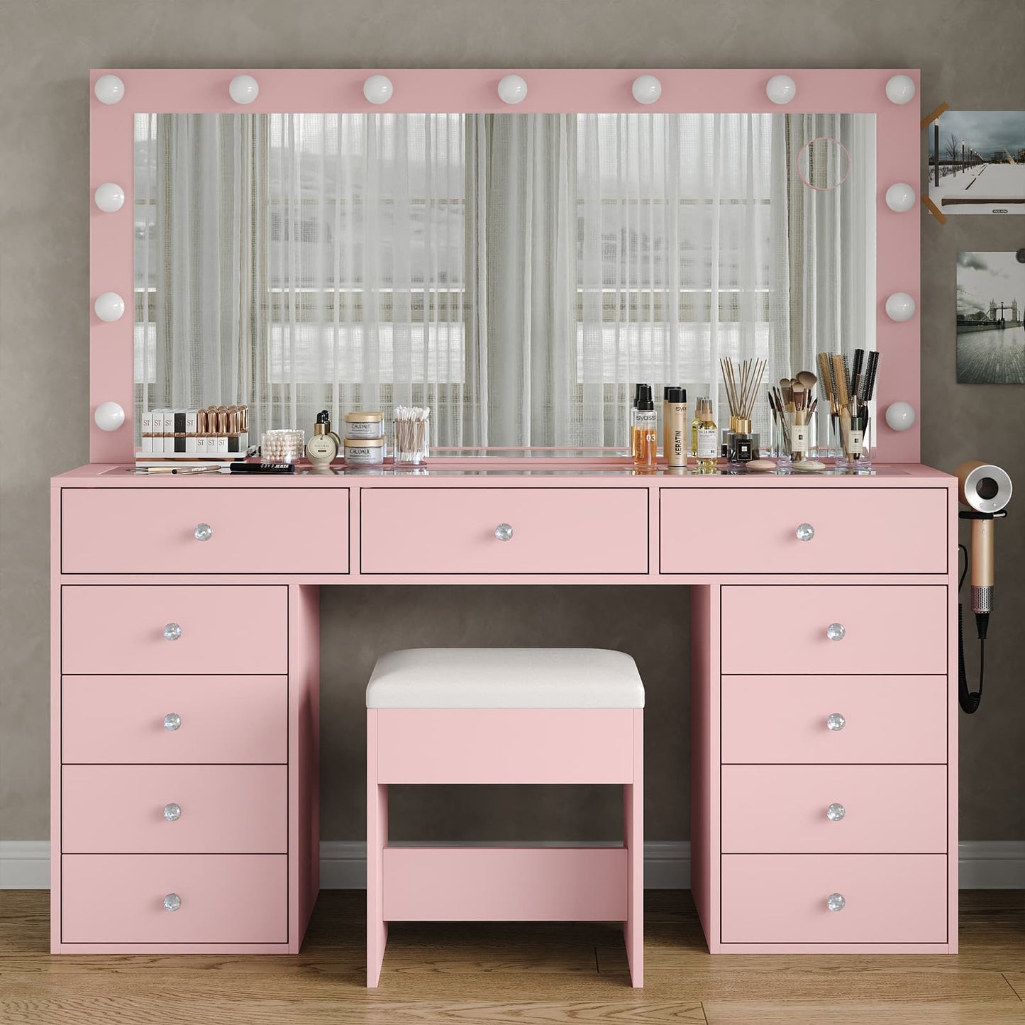 11-Drawer LED Mirror Vanity Desk - Yanosaku