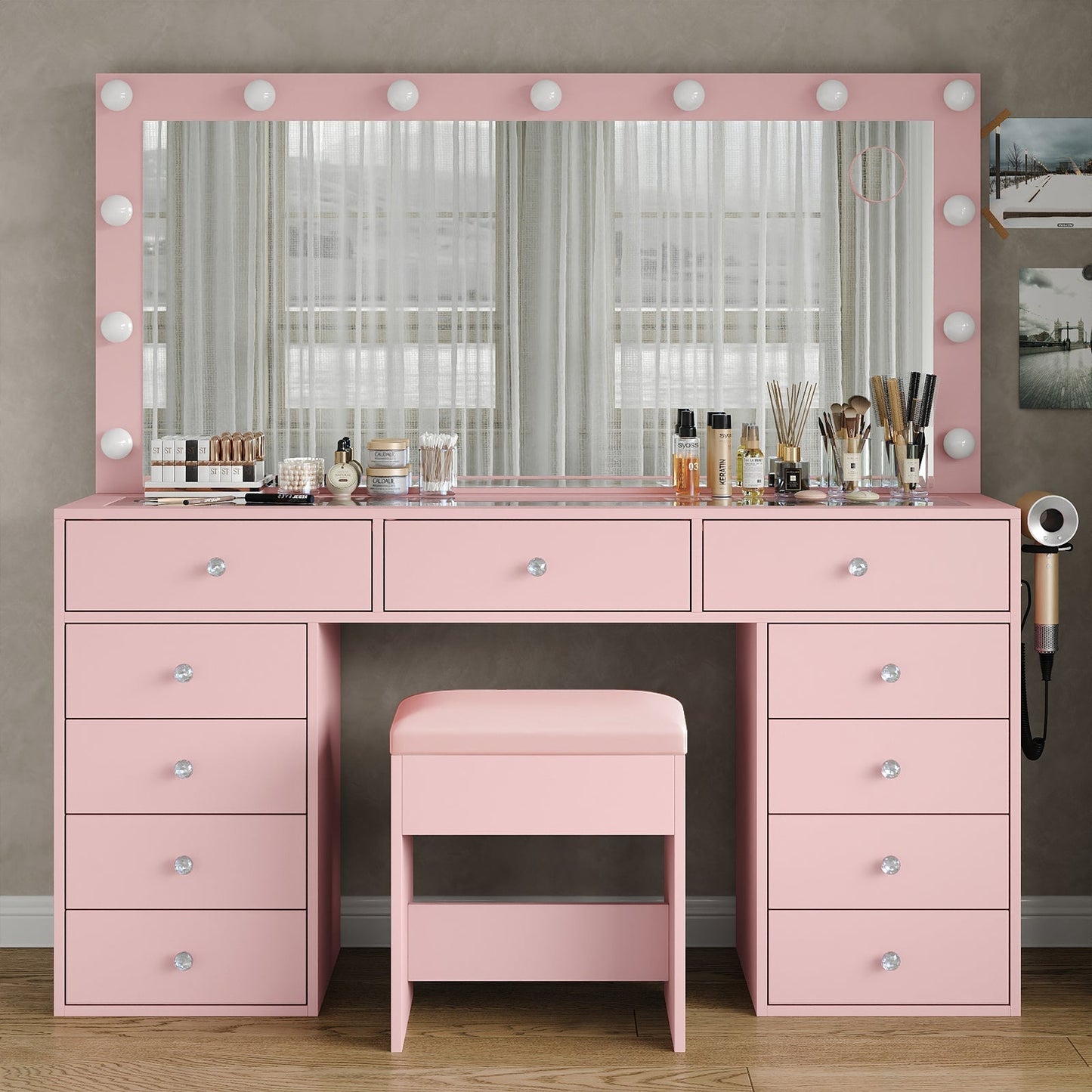 11-Drawer LED Mirror Vanity Desk - Yanosaku