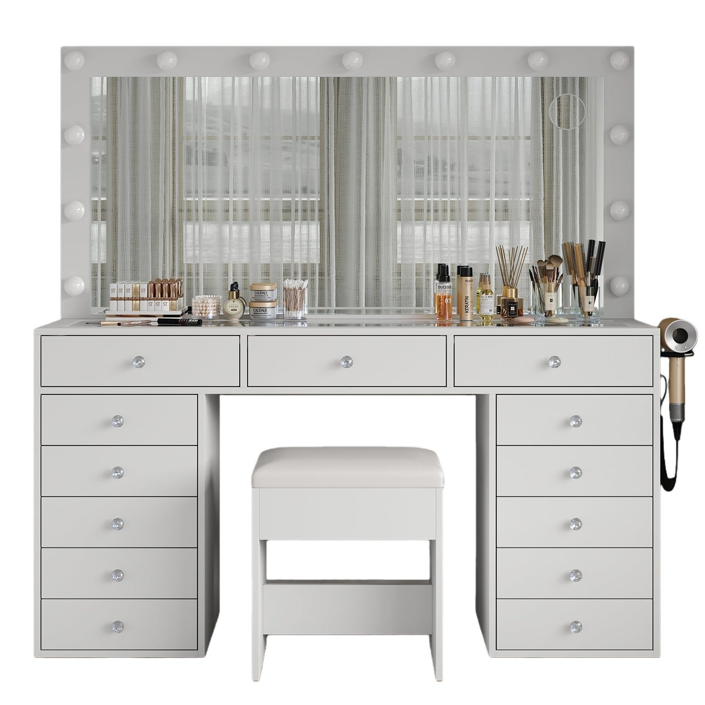 13-Drawer LED Mirror Vanity Desk - Yanosaku