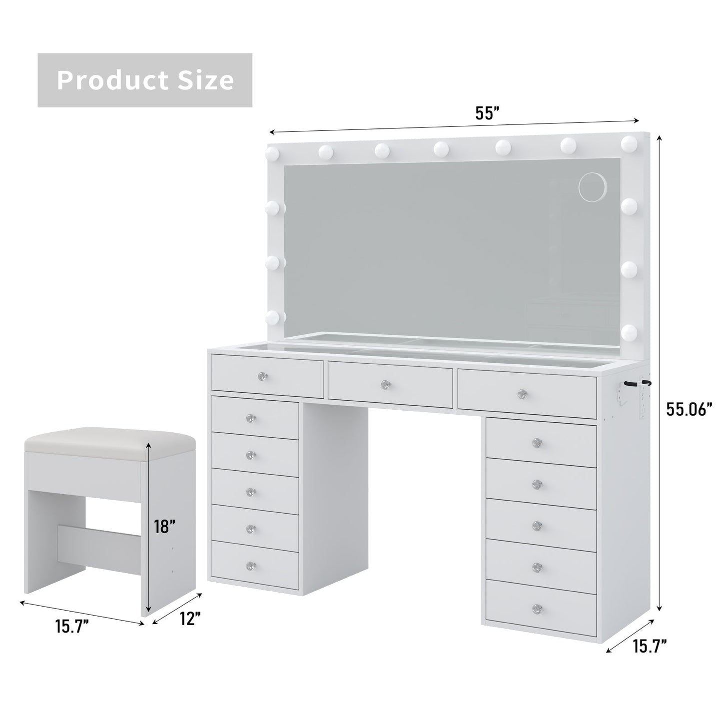 13-Drawer LED Mirror Vanity Desk - Yanosaku