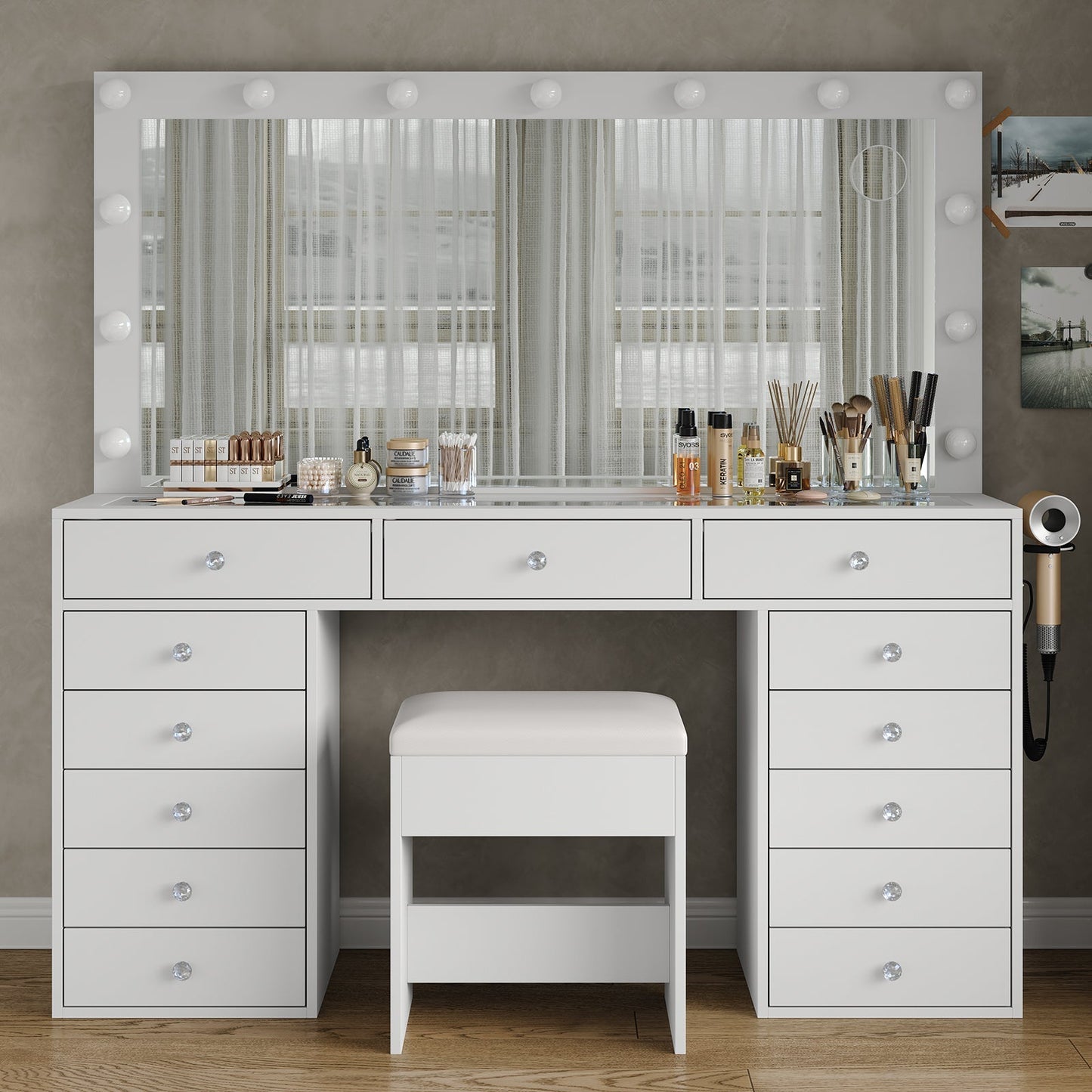 13-Drawer LED Mirror Vanity Desk - Yanosaku