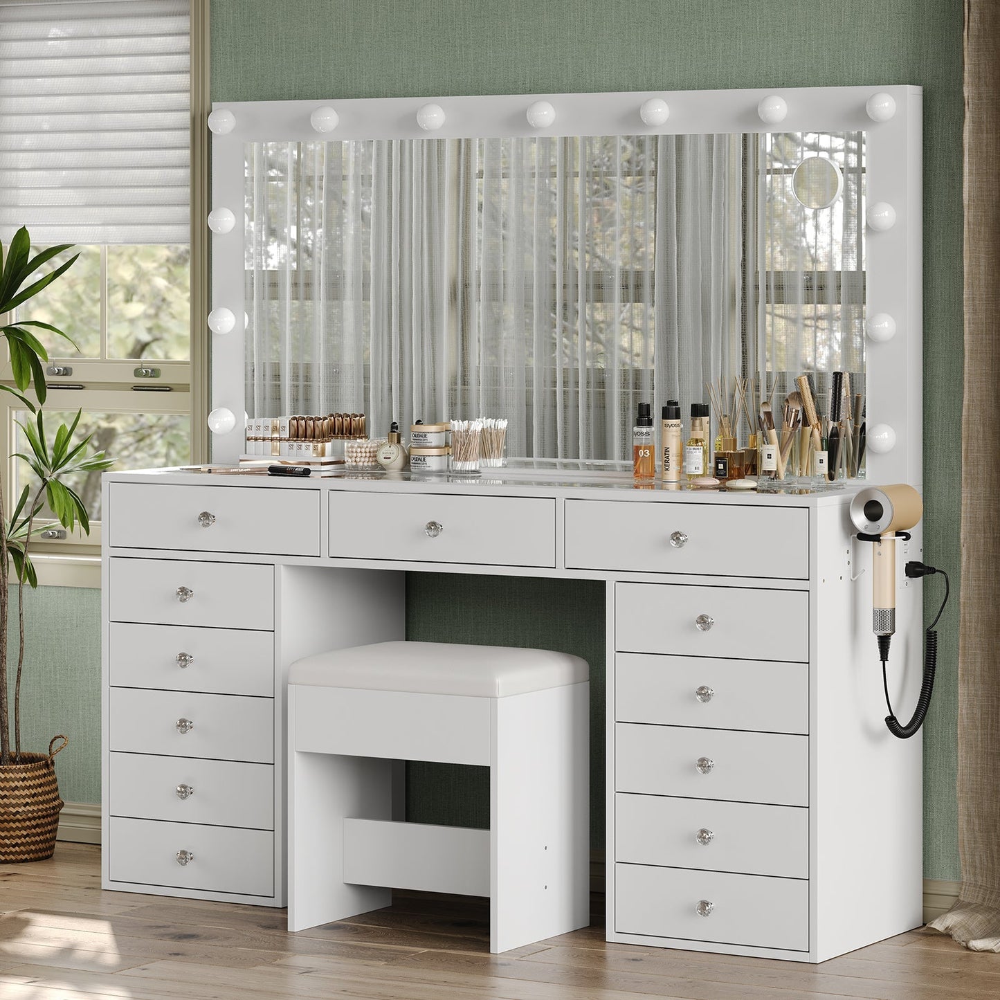 13-Drawer LED Mirror Vanity Desk - Yanosaku