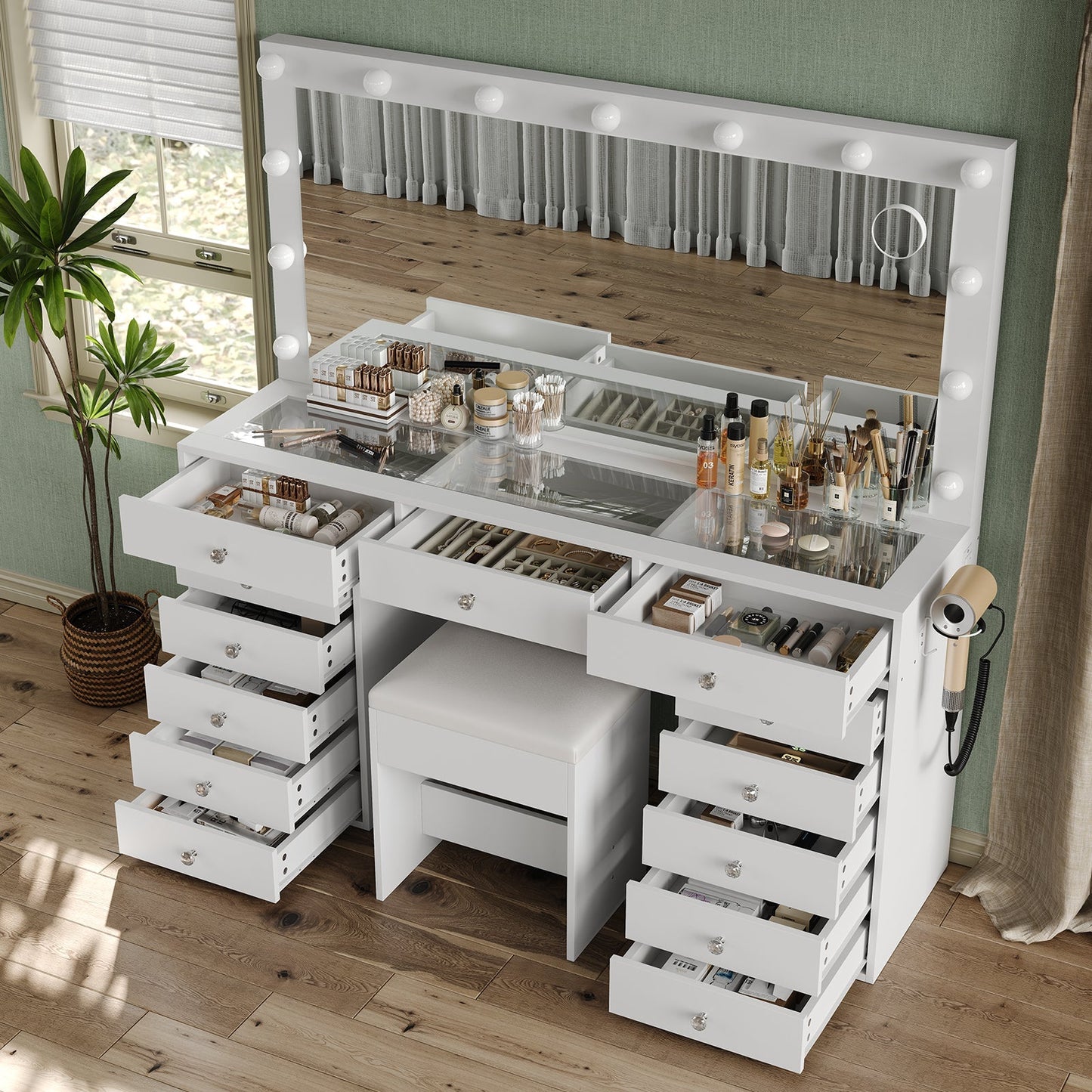13-Drawer LED Mirror Vanity Desk - Yanosaku