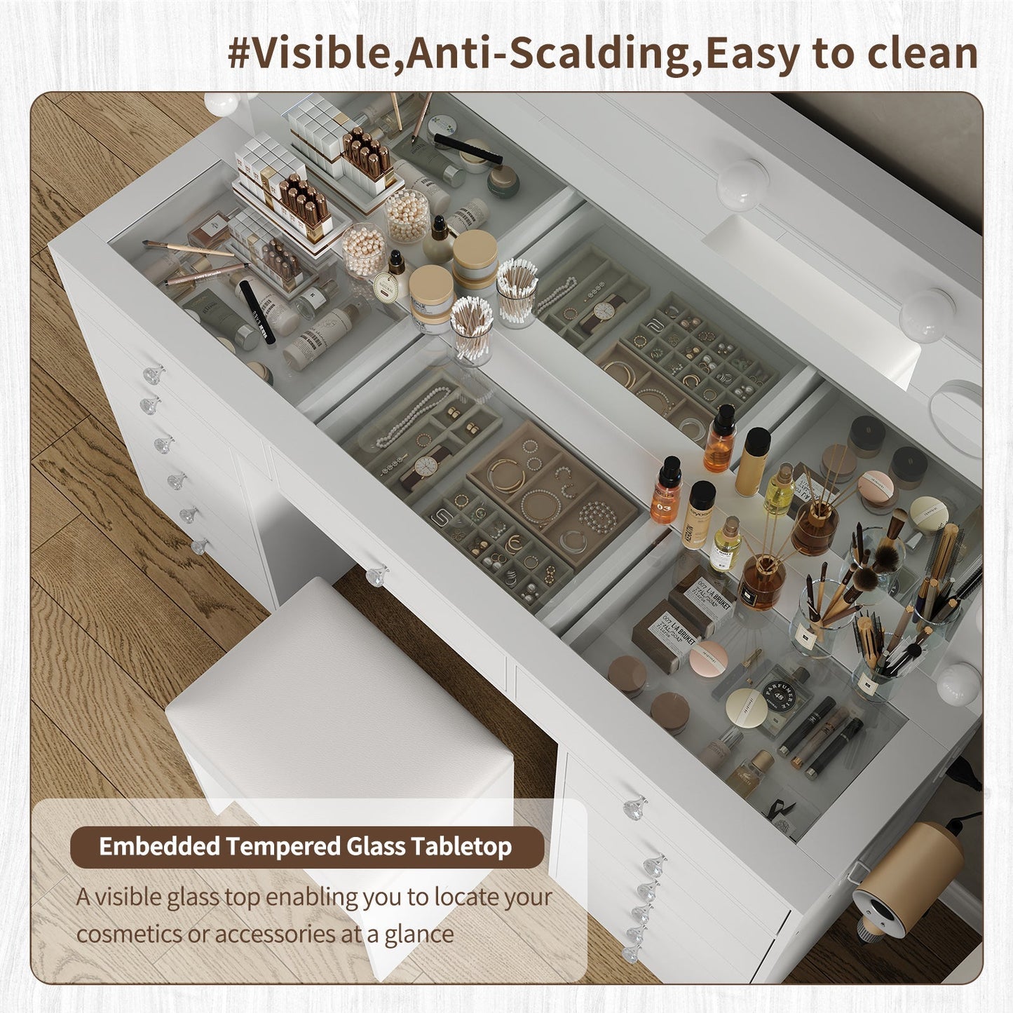 13-Drawer LED Mirror Vanity Desk - Yanosaku