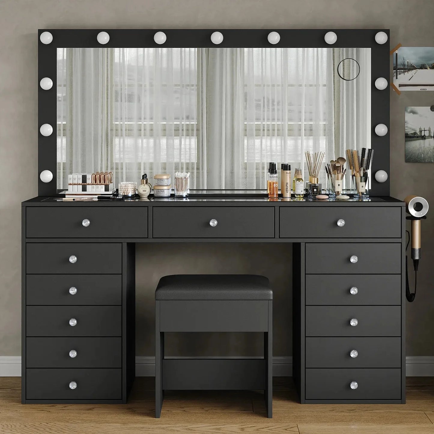 13-Drawer LED Mirror Vanity Desk - Yanosaku