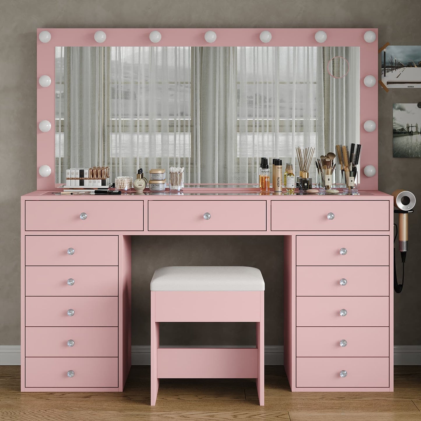 13-Drawer LED Mirror Vanity Desk - Yanosaku