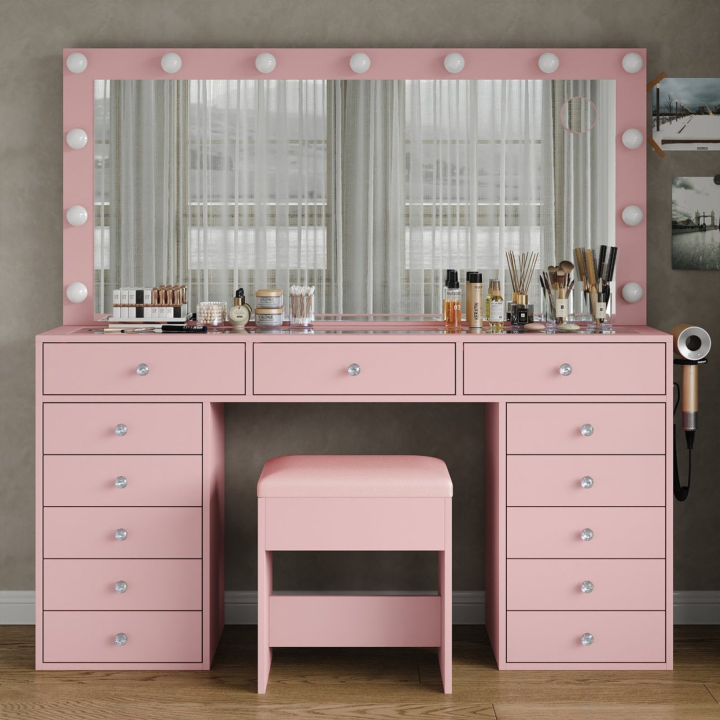 13-Drawer LED Mirror Vanity Desk - Yanosaku