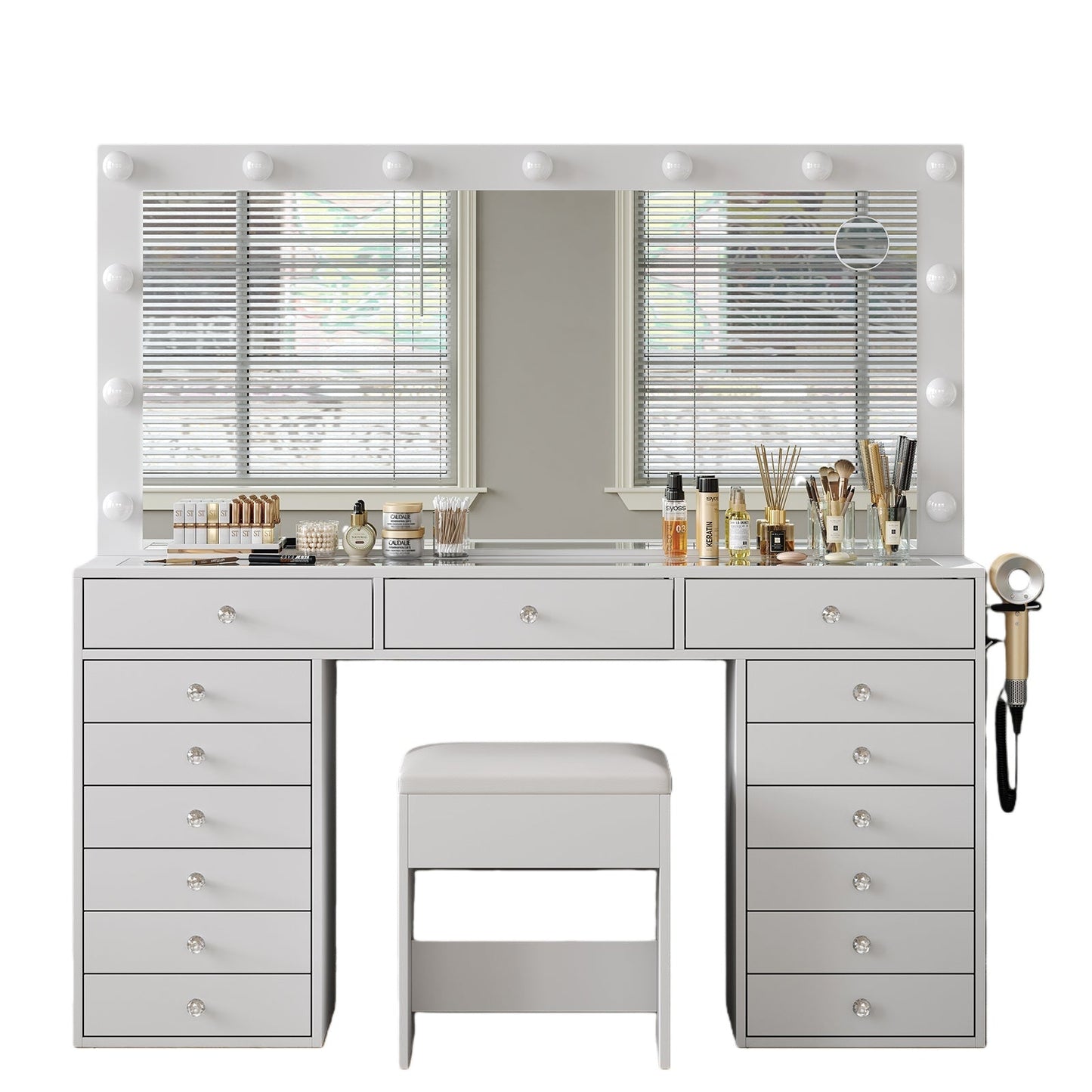 15-Drawer LED Mirror Vanity Desk - Yanosaku