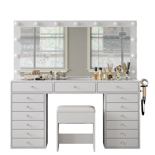 15-Drawer LED Mirror Vanity Desk - Yanosaku