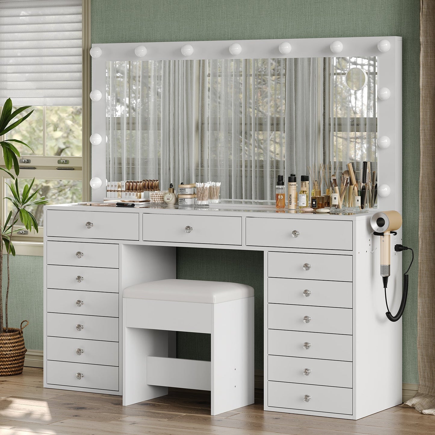 15-Drawer LED Mirror Vanity Desk - Yanosaku