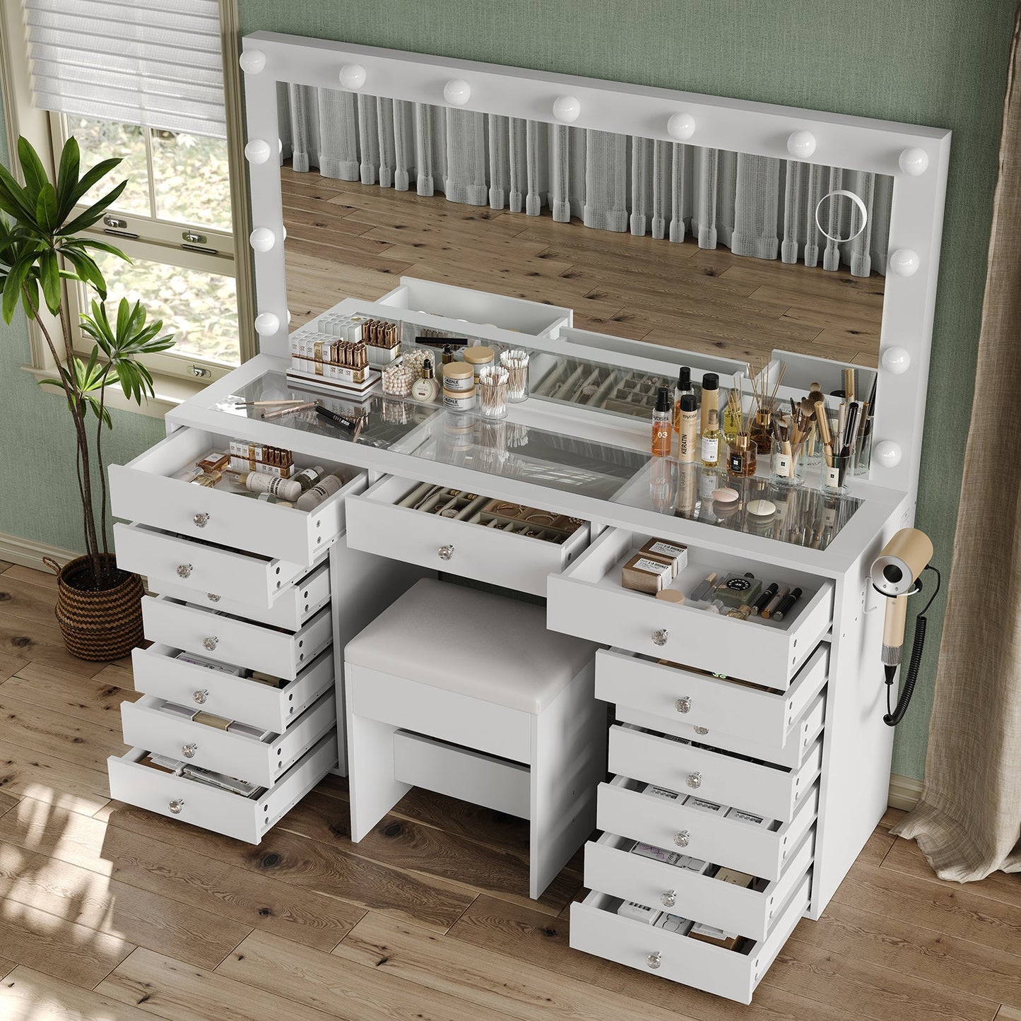 15-Drawer LED Mirror Vanity Desk - Yanosaku