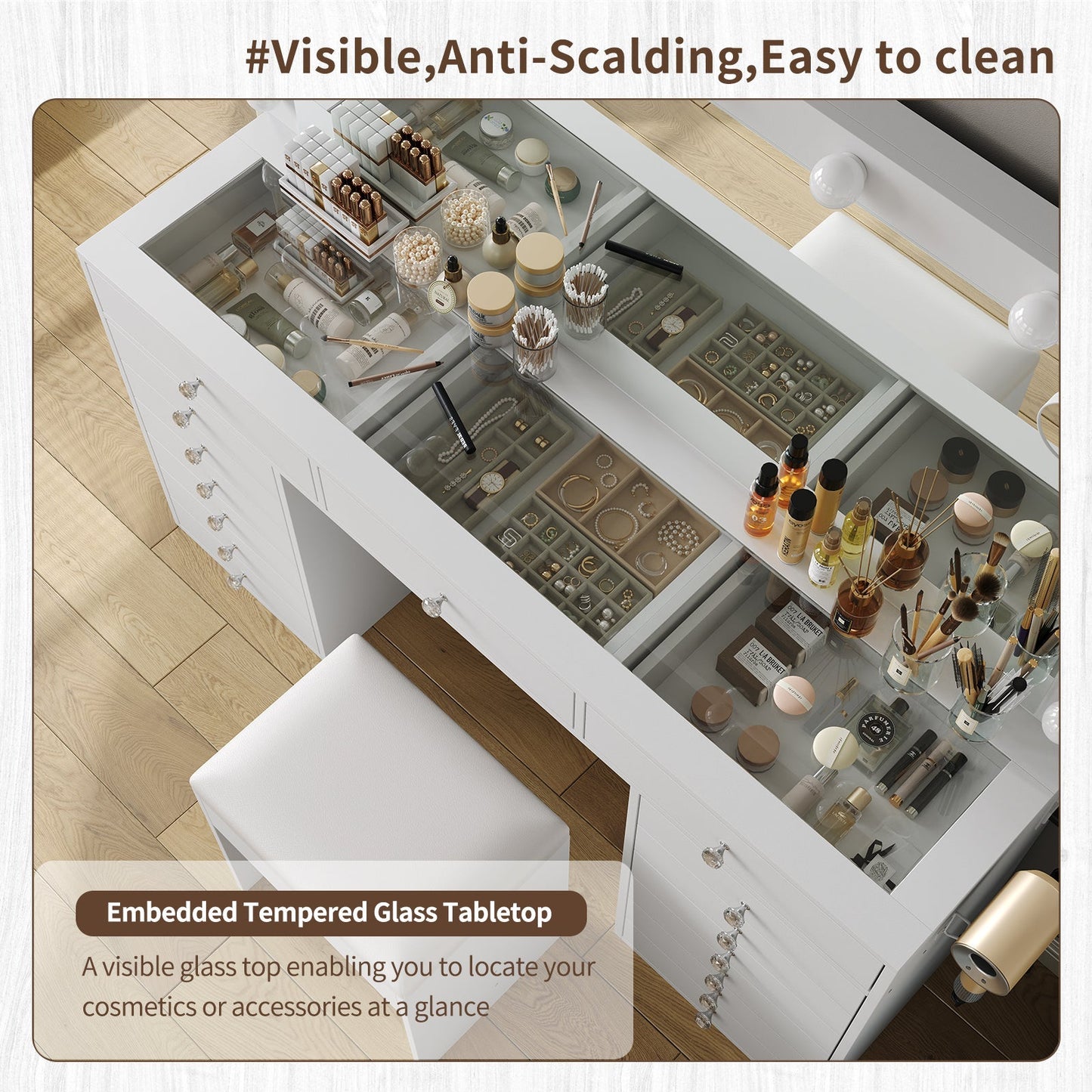 15-Drawer LED Mirror Vanity Desk - Yanosaku