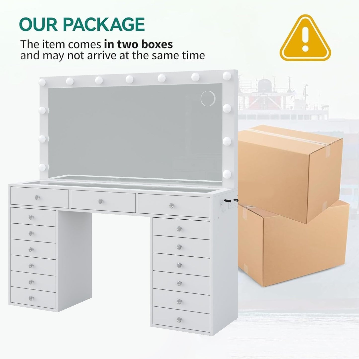 15-Drawer LED Mirror Vanity Desk - Yanosaku