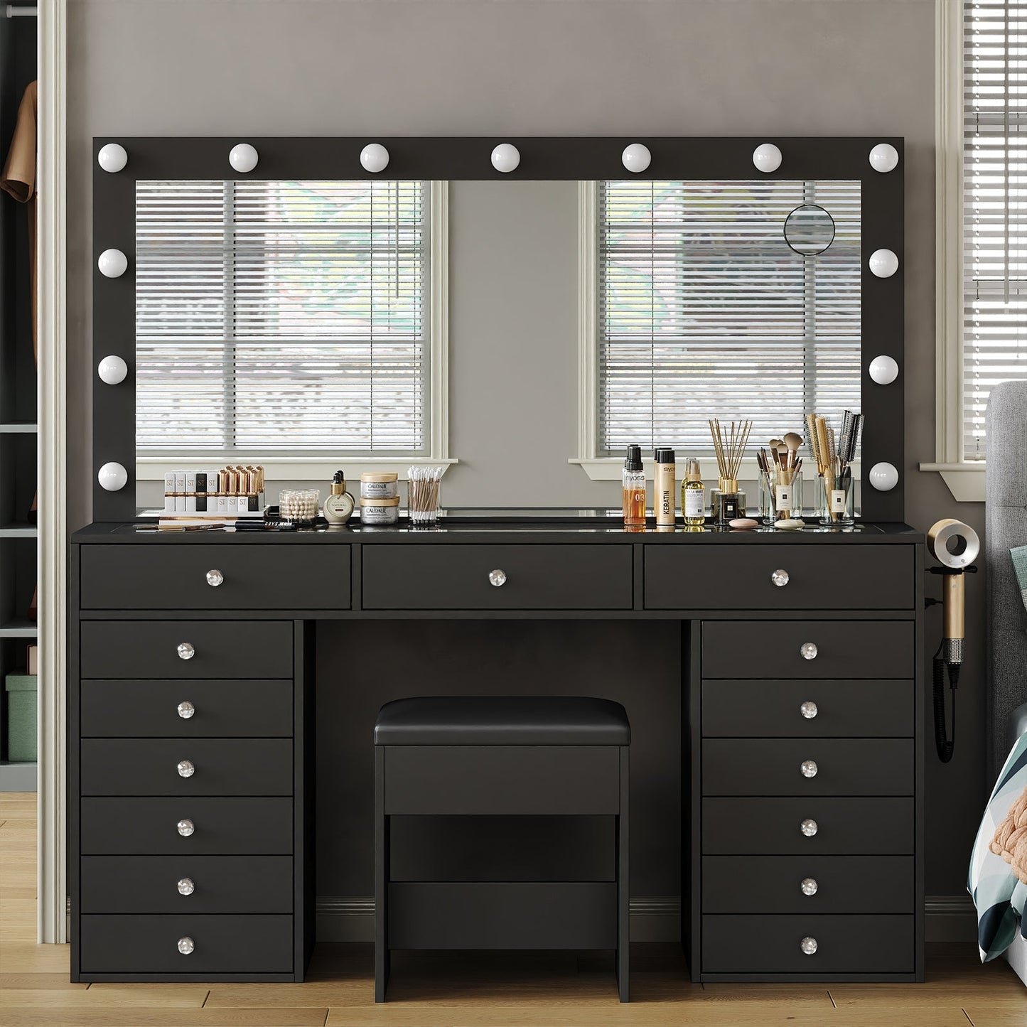 15-Drawer LED Mirror Vanity Desk - Yanosaku