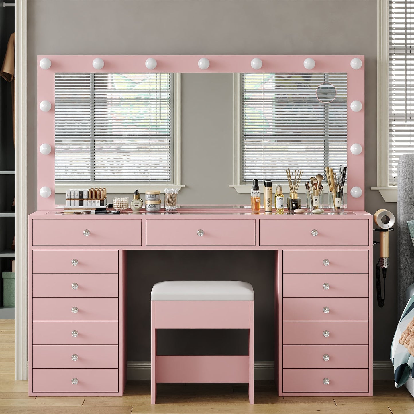 15-Drawer LED Mirror Vanity Desk - Yanosaku
