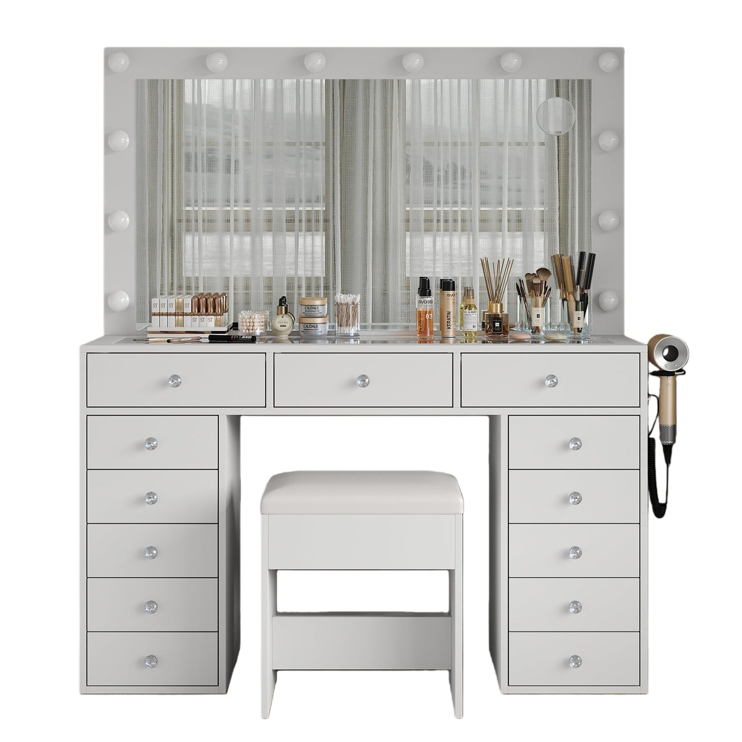13-Drawer LED Mirror Vanity Desk - Yanosaku