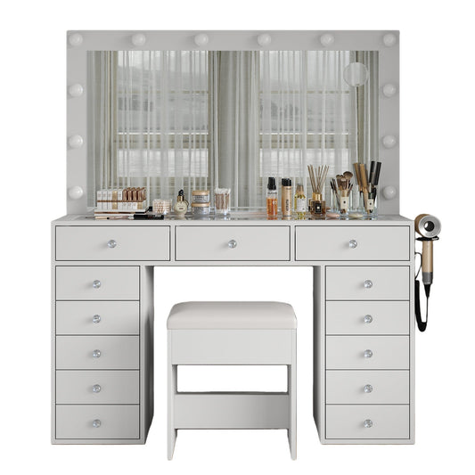 13-Drawer LED Mirror Vanity Desk - Yanosaku