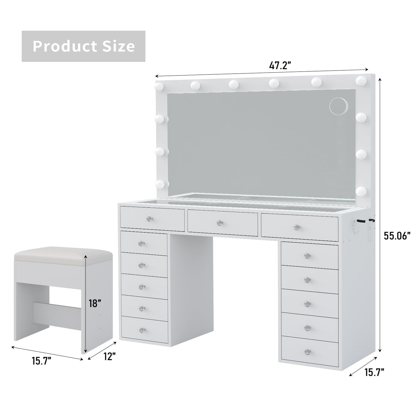 13-Drawer LED Mirror Vanity Desk - Yanosaku