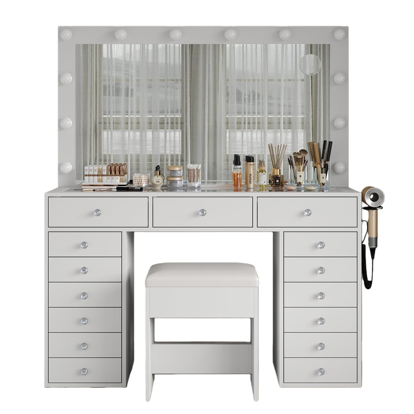 15-Drawer LED Mirror Vanity Desk - Yanosaku