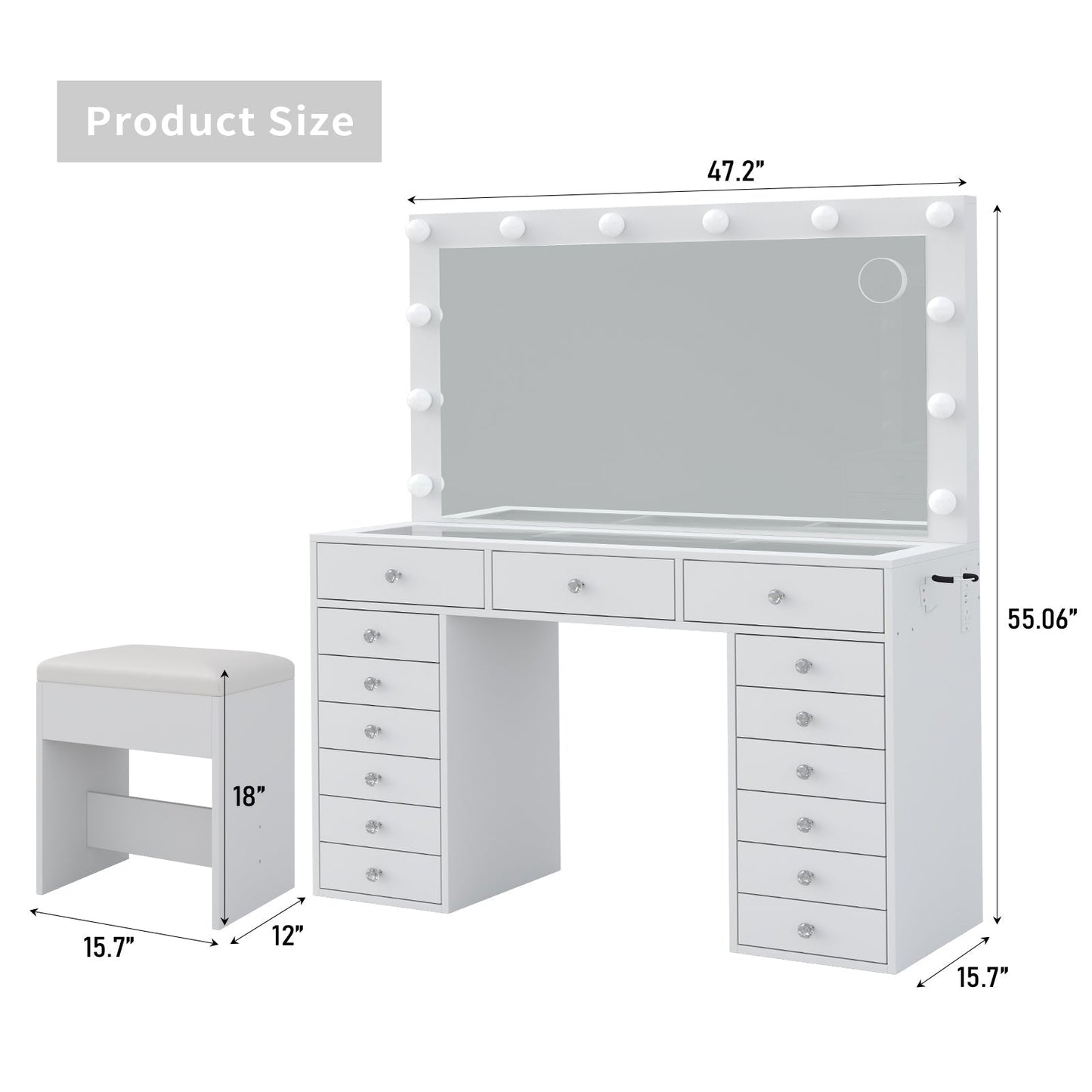 15-Drawer LED Mirror Vanity Desk - Yanosaku