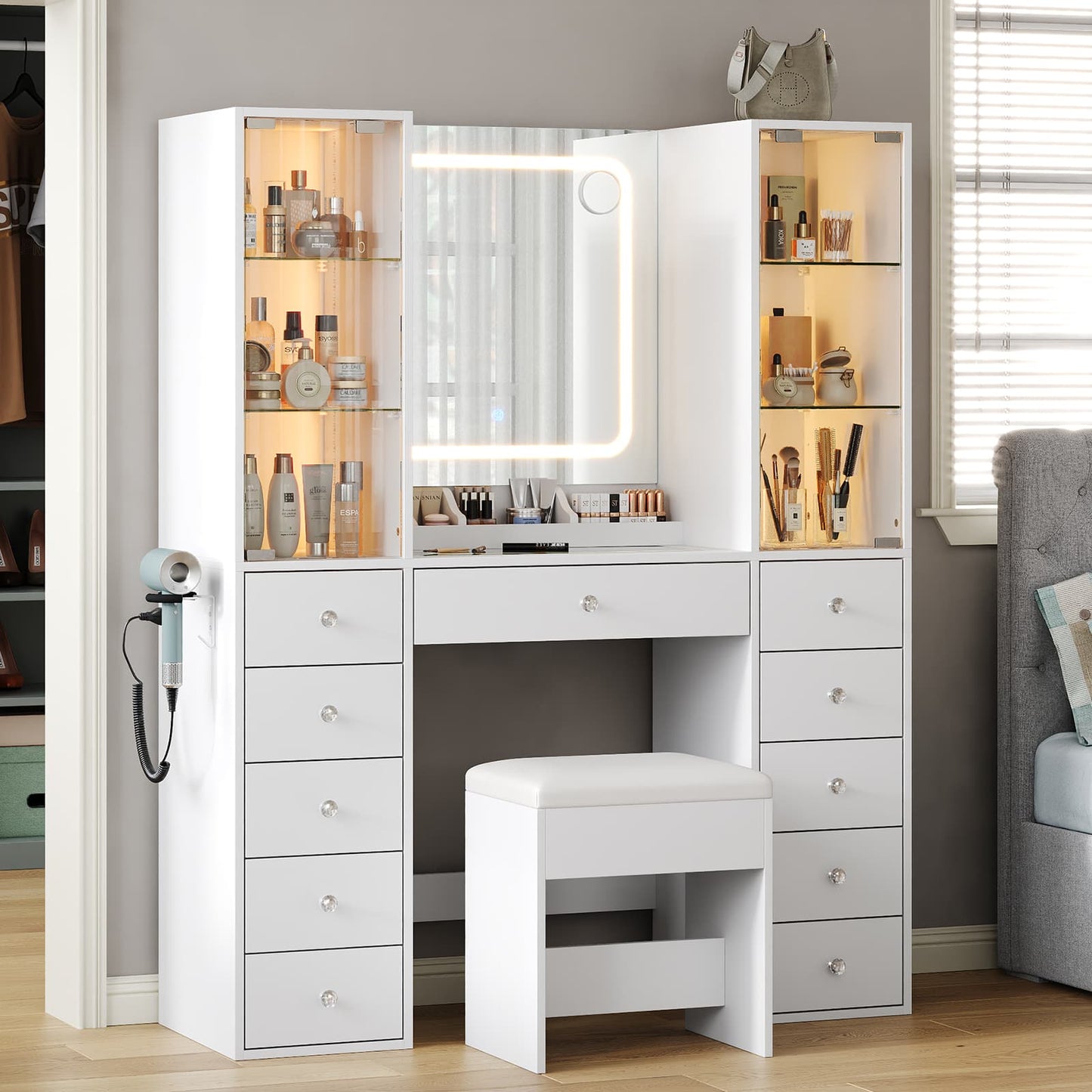 11-Drawer Mirror Vanity Desk - Yanosaku
