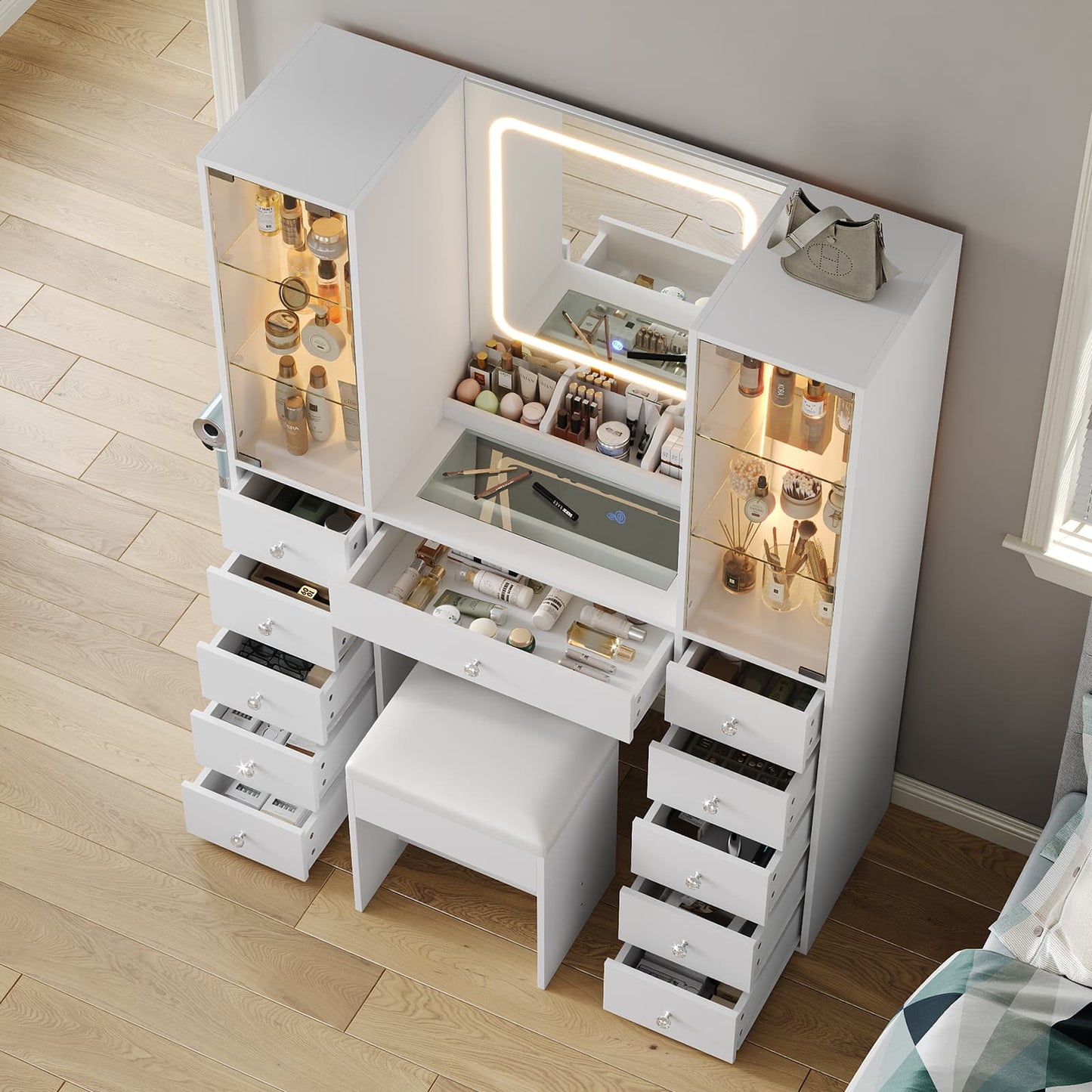 11-Drawer Mirror Vanity Desk - Yanosaku
