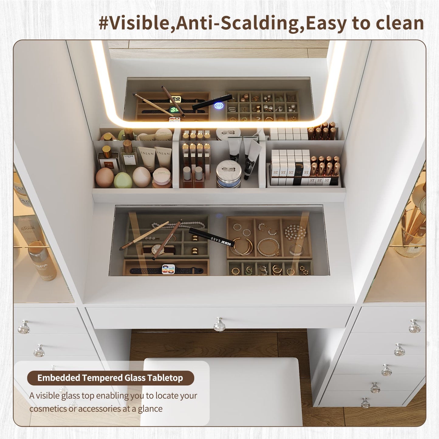 11-Drawer Mirror Vanity Desk - Yanosaku