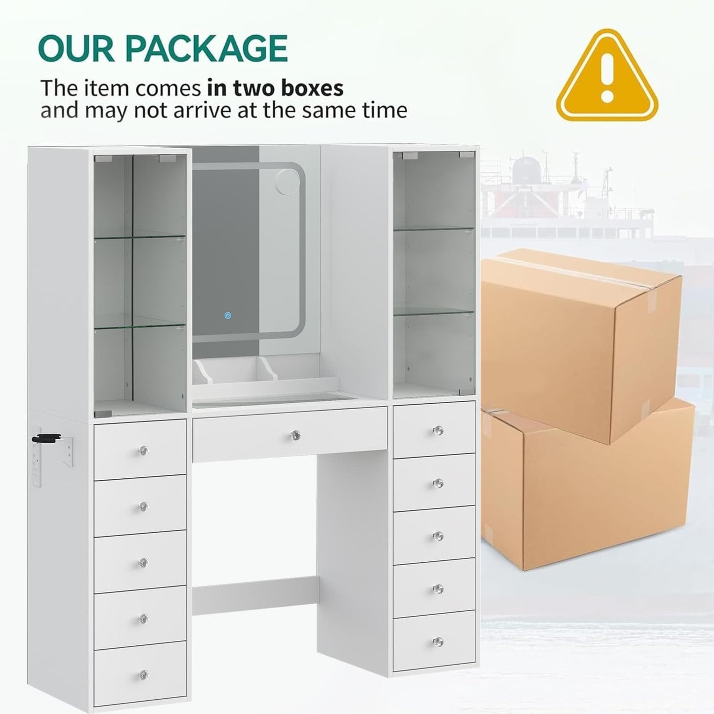 11-Drawer Mirror Vanity Desk - Yanosaku