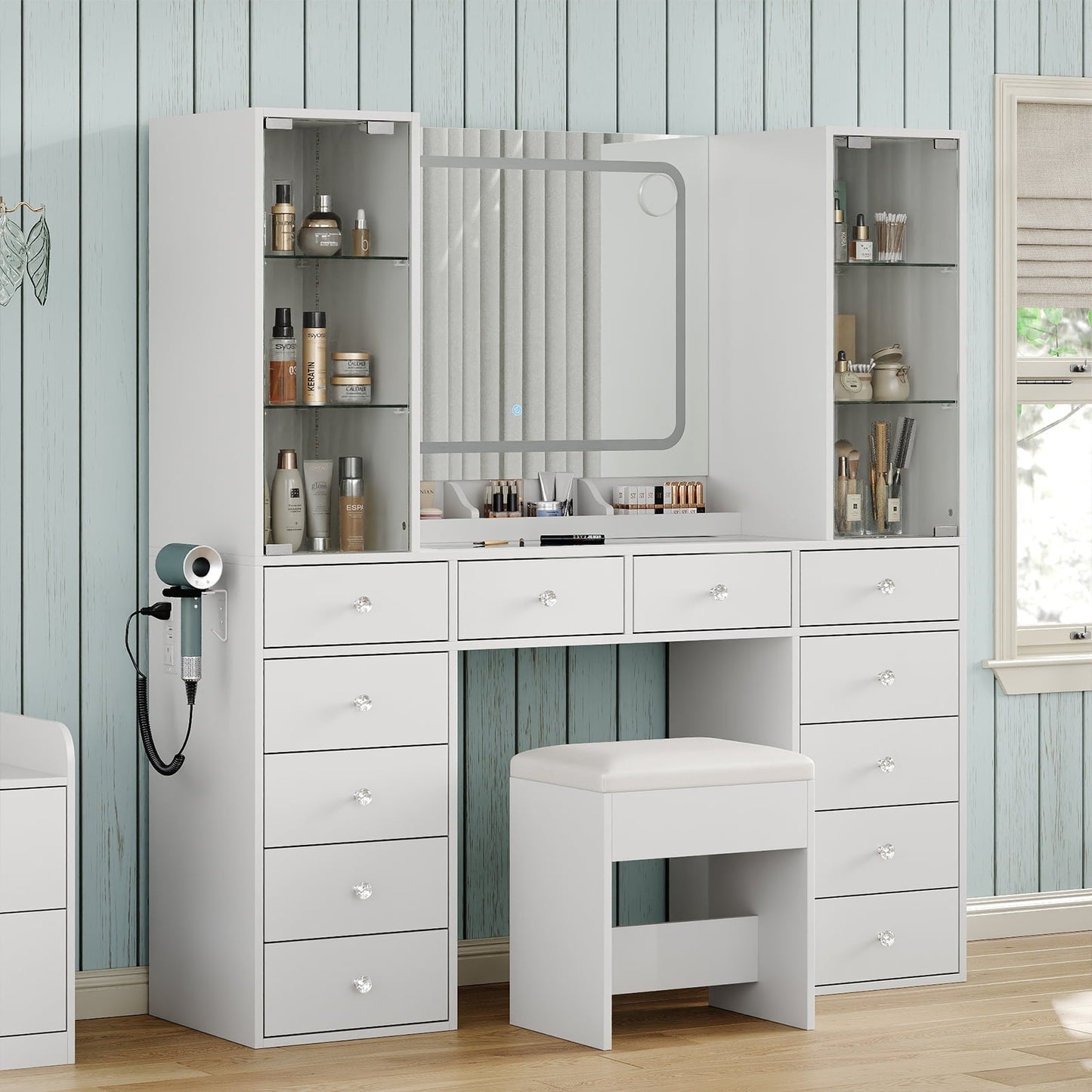 12-Drawer Mirror Vanity Desk - Yanosaku