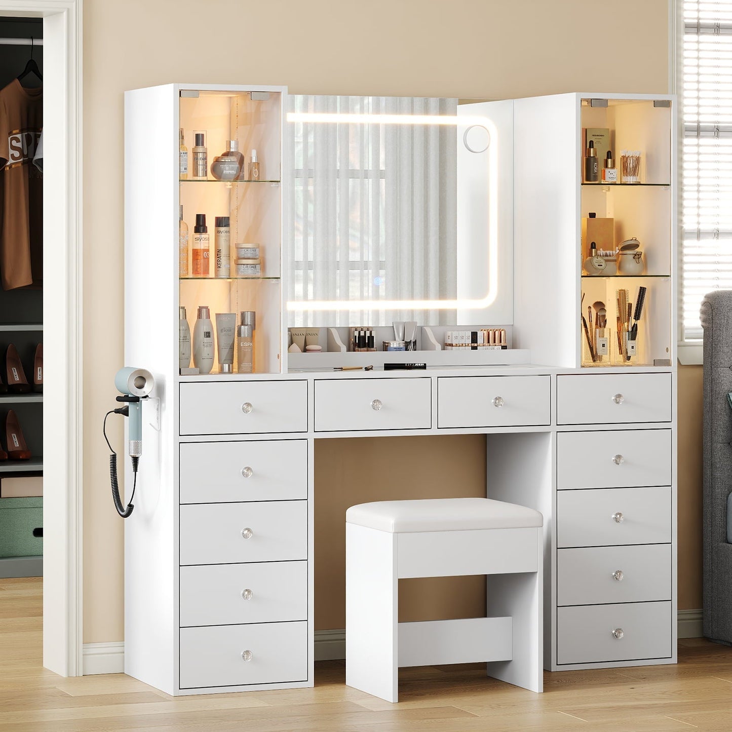 12-Drawer Mirror Vanity Desk - Yanosaku