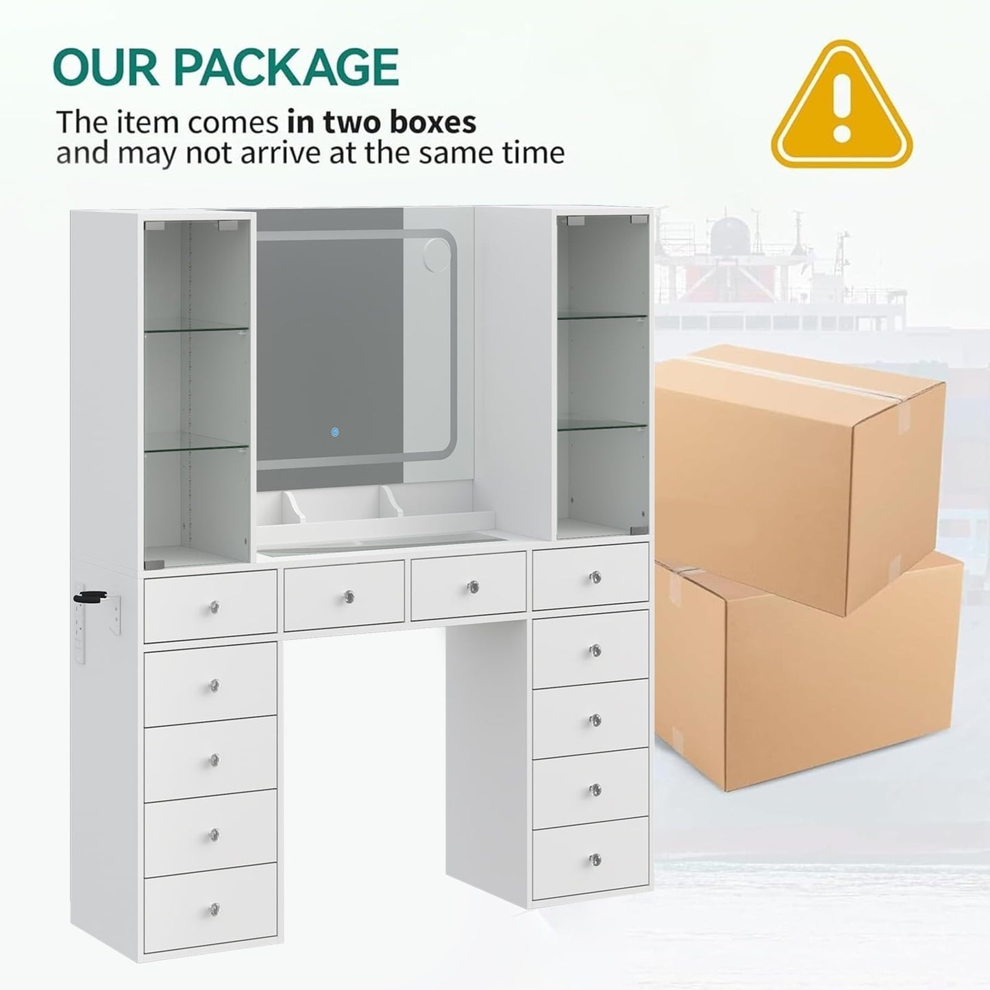 12-Drawer Mirror Vanity Desk - Yanosaku