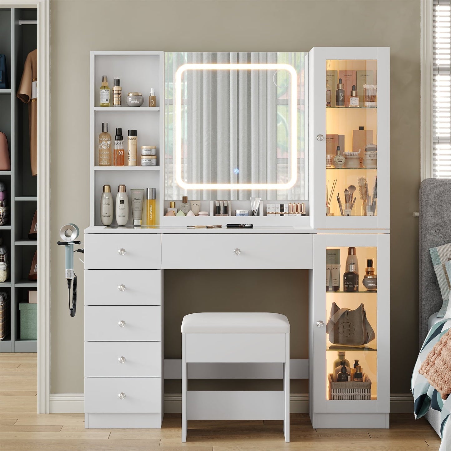 6-Drawer Mirror Vanity Desk - Yanosaku