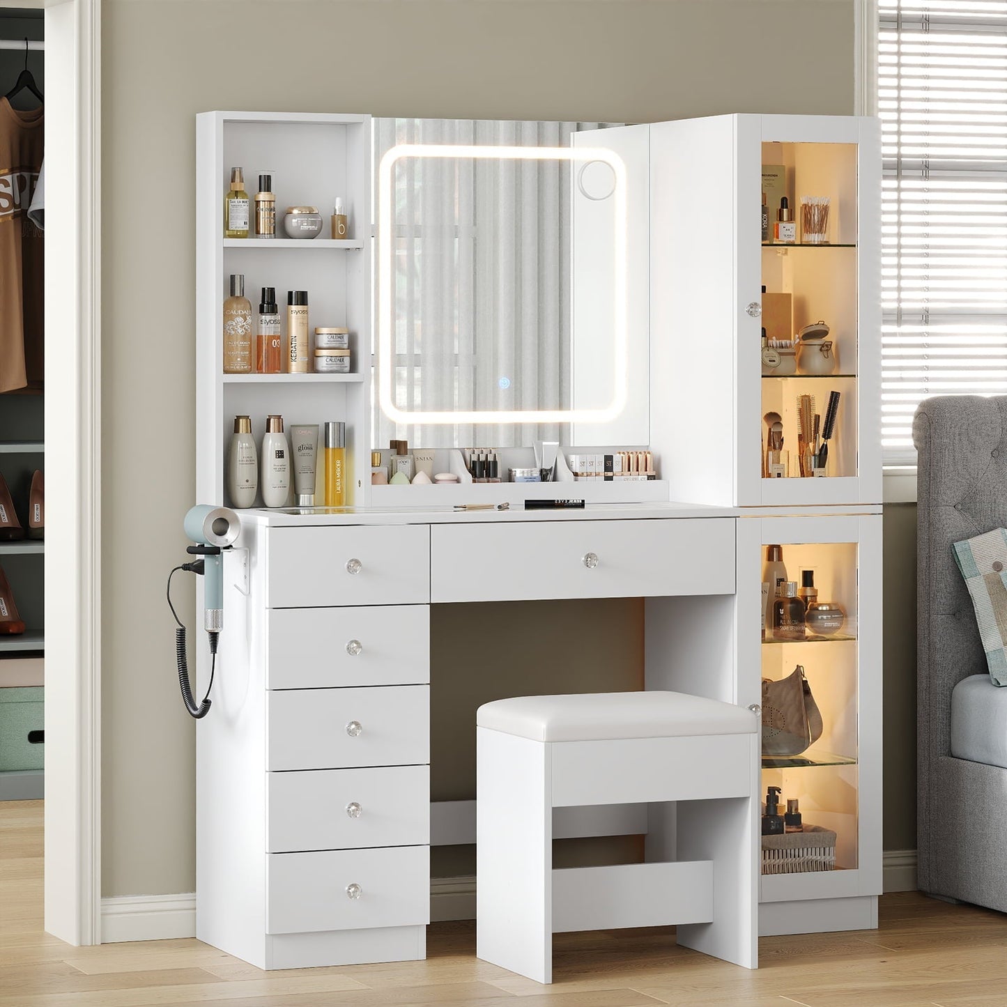 6-Drawer Mirror Vanity Desk - Yanosaku