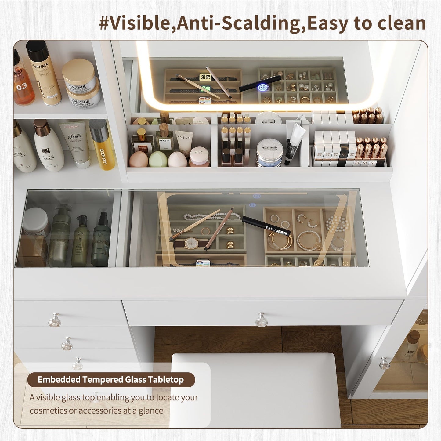 6-Drawer Mirror Vanity Desk - Yanosaku
