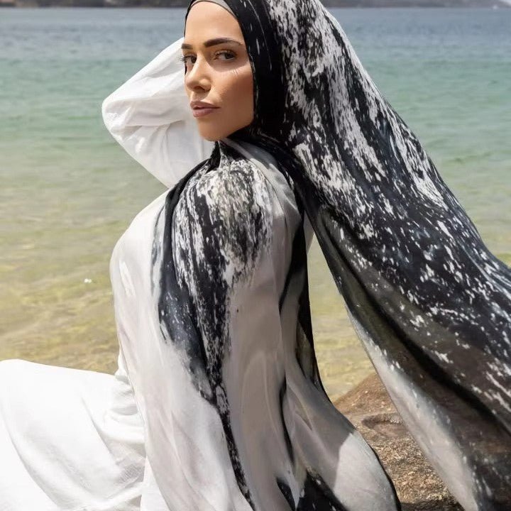 Watercolor Artistic Modal Hijab with Painted Floral Motifs (MH144)