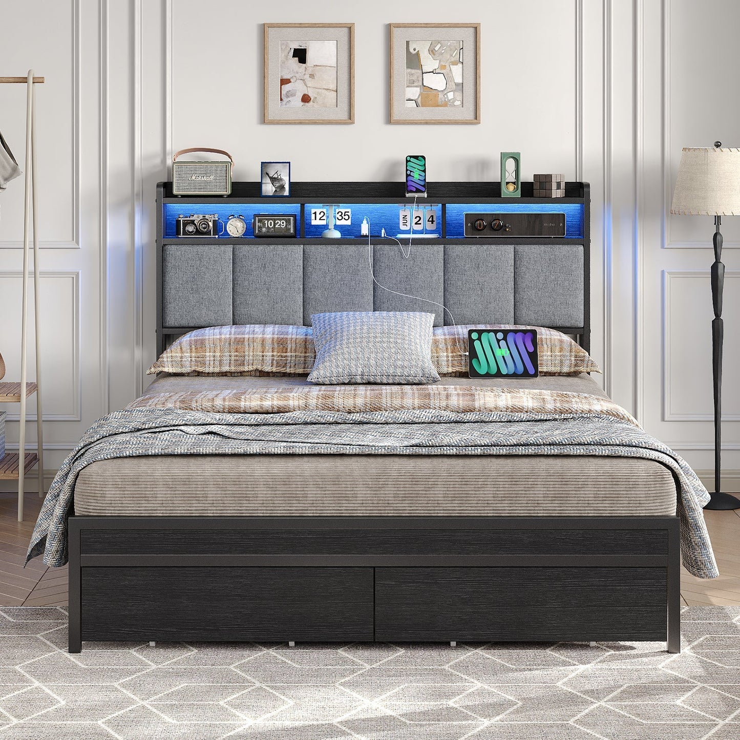 Full RGB LED Bed Frame with RGB LED, USB Charging, Storage Drawers, No Box Spring Needed Black - Vektaya