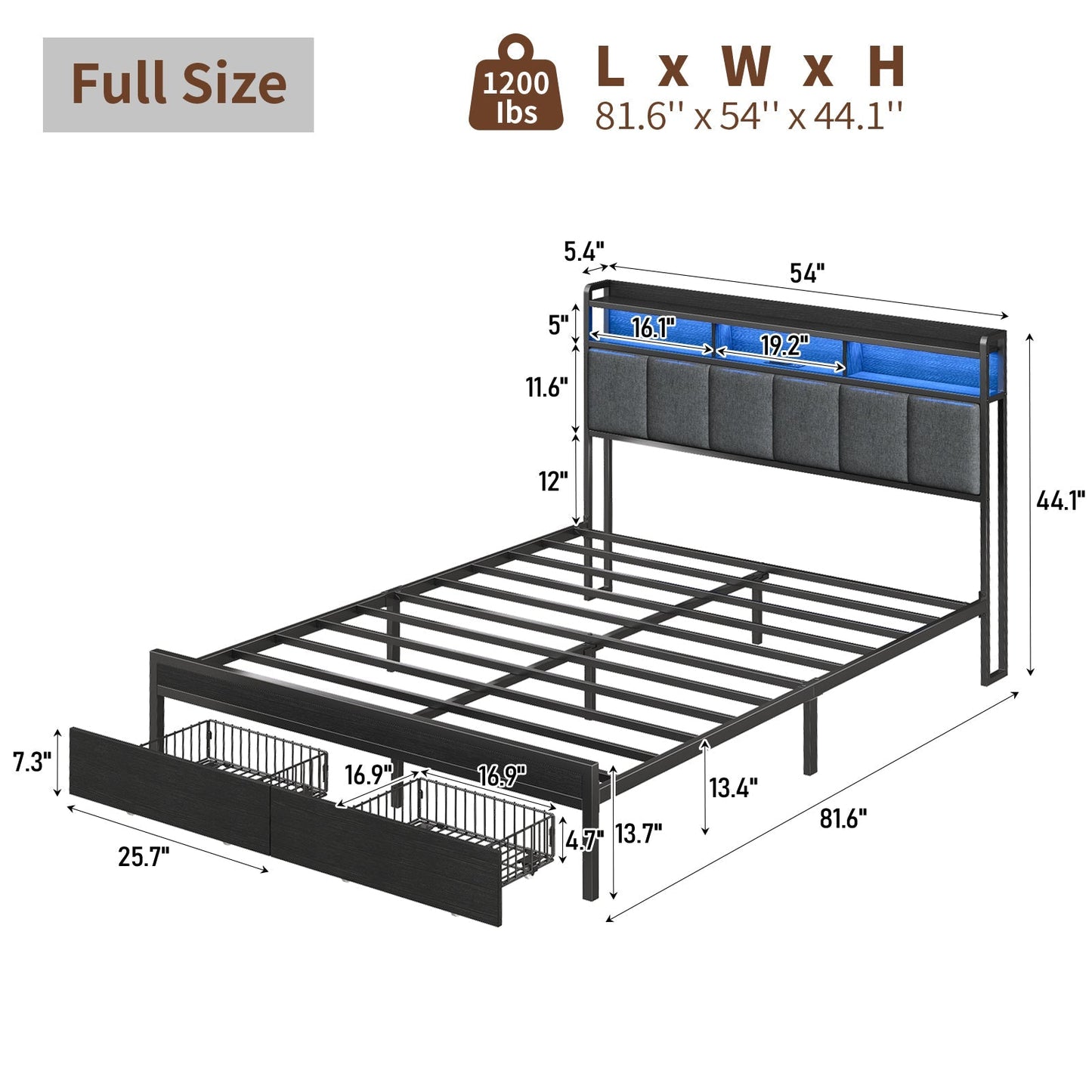 Full RGB LED Bed Frame with RGB LED, USB Charging, Storage Drawers, No Box Spring Needed Black - Vektaya
