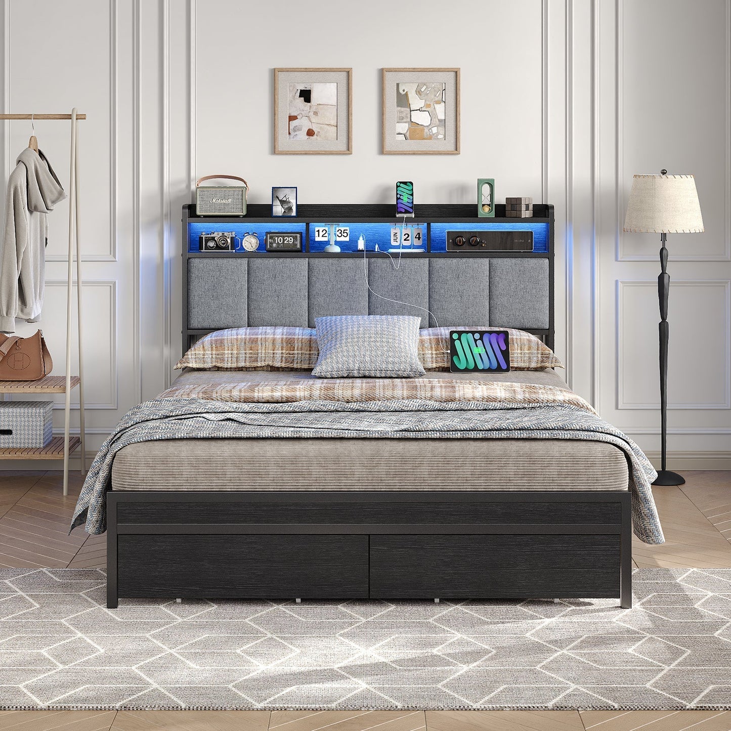 Full RGB LED Bed Frame with RGB LED, USB Charging, Storage Drawers, No Box Spring Needed Black - Vektaya