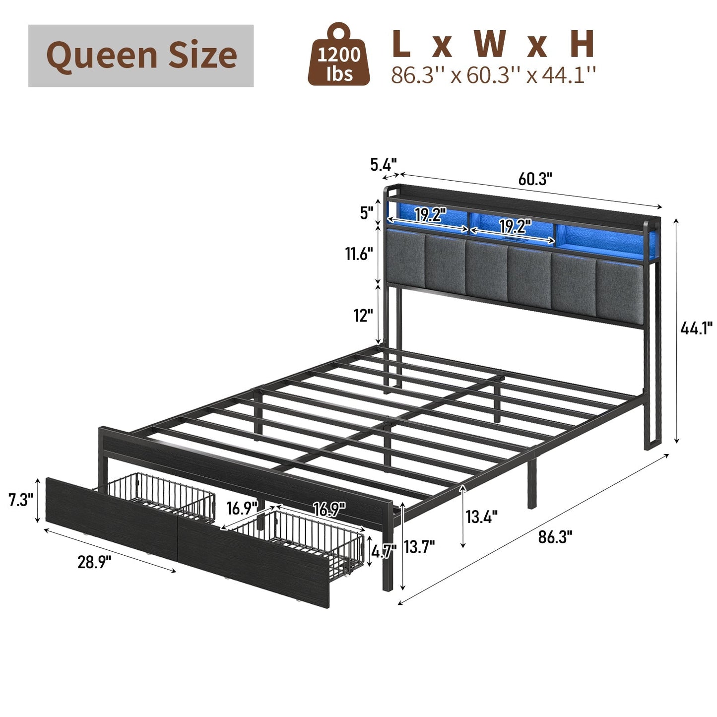 Full RGB LED Bed Frame with RGB LED, USB Charging, Storage Drawers, No Box Spring Needed Black - Vektaya