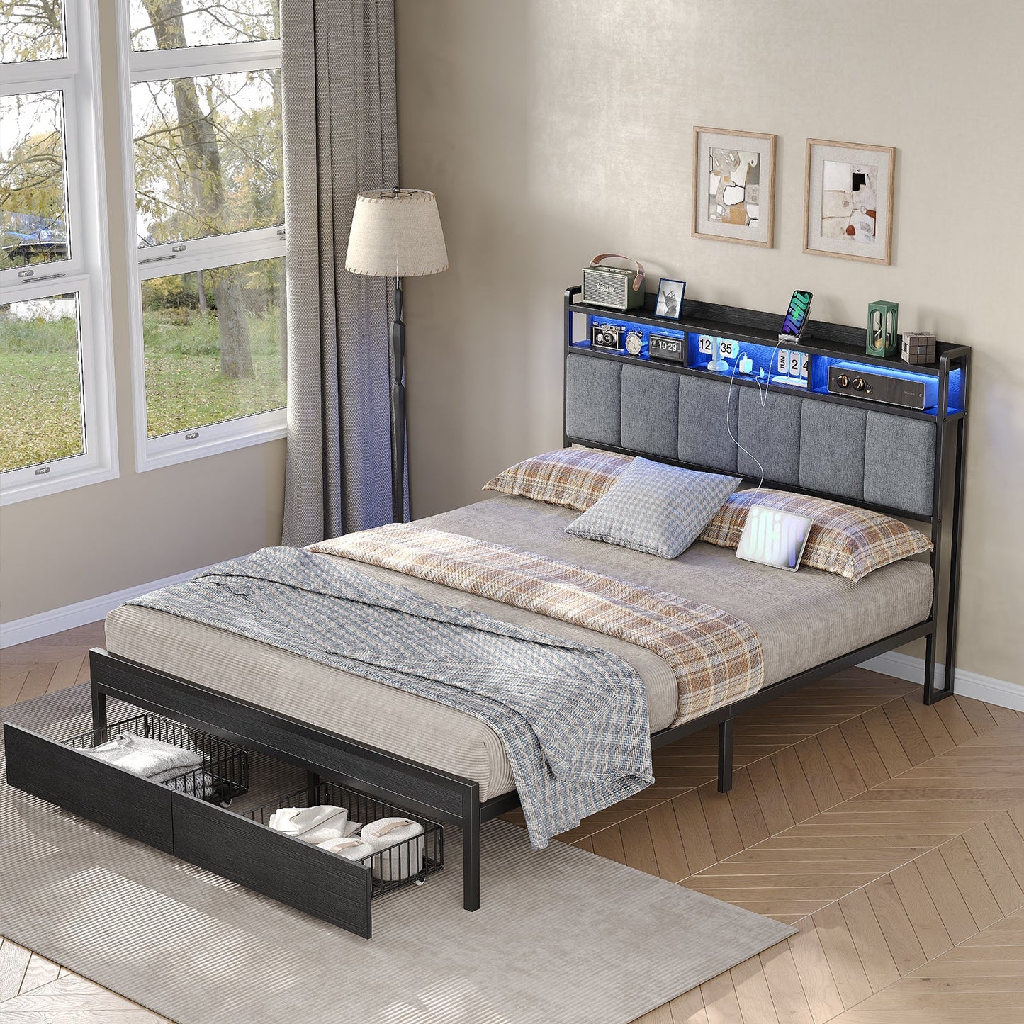Full RGB LED Bed Frame with RGB LED, USB Charging, Storage Drawers, No Box Spring Needed Black - Vektaya