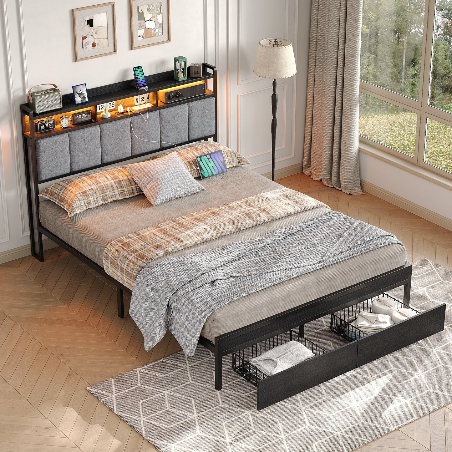 Full RGB LED Bed Frame with RGB LED, USB Charging, Storage Drawers, No Box Spring Needed Black - Vektaya