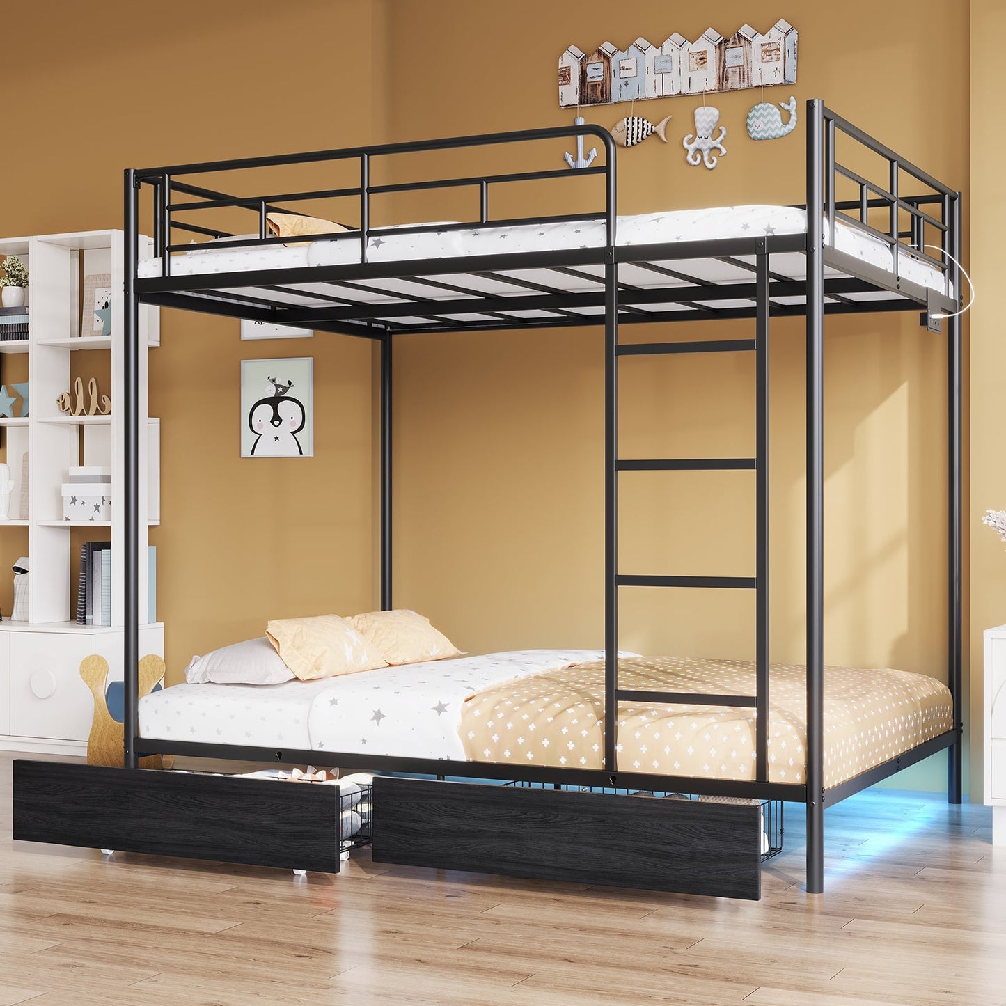 Twin Metal Bunk Bed with LED, USB Charging, Storage Drawers, No Box Spring Needed Black - Vektaya