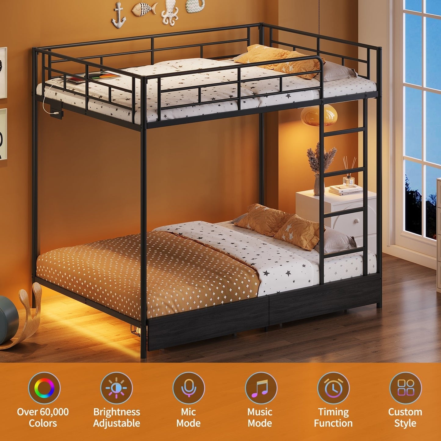 Twin Metal Bunk Bed with LED, USB Charging, Storage Drawers, No Box Spring Needed Black - Vektaya