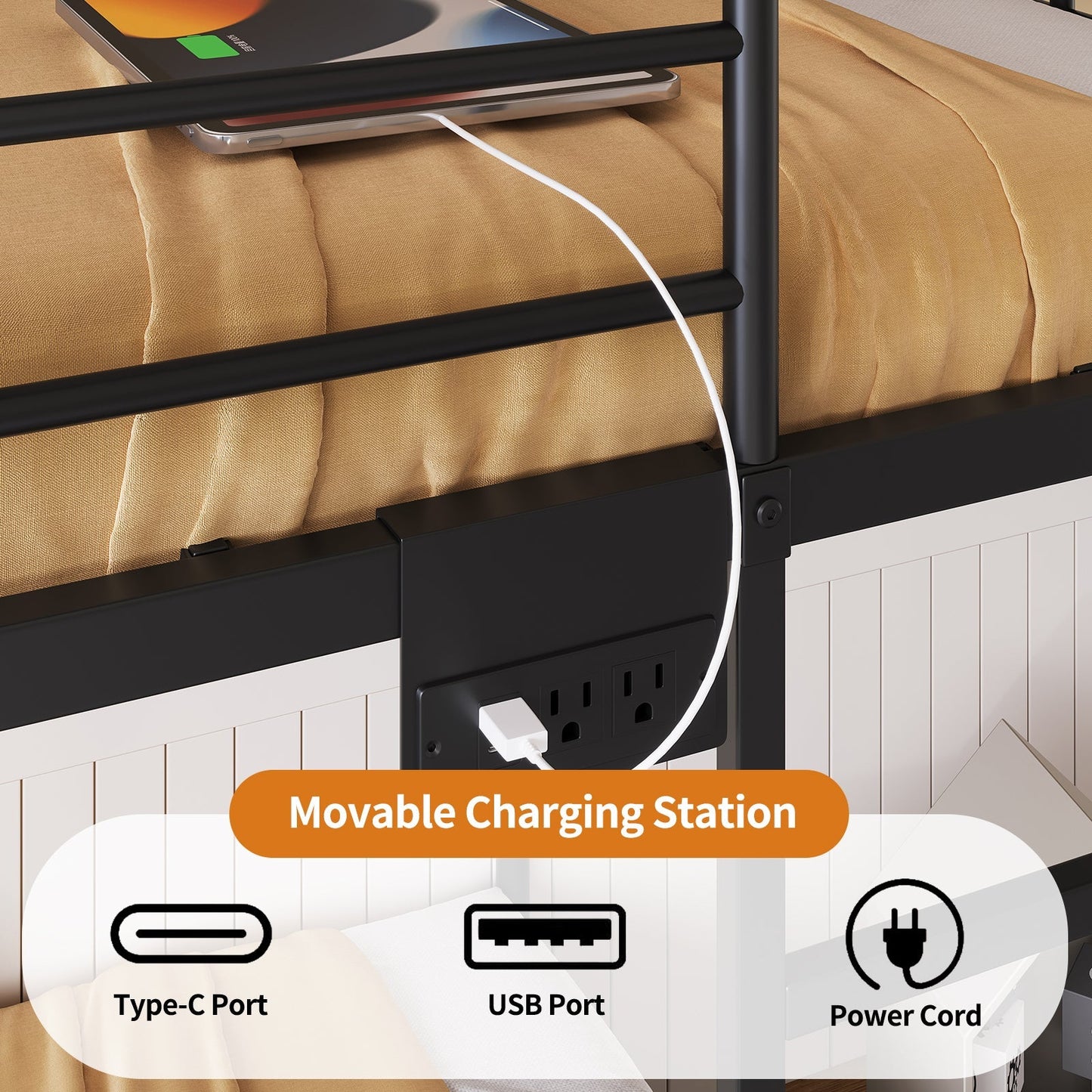 Twin Metal Bunk Bed with LED, USB Charging, Storage Drawers, No Box Spring Needed Black - Vektaya