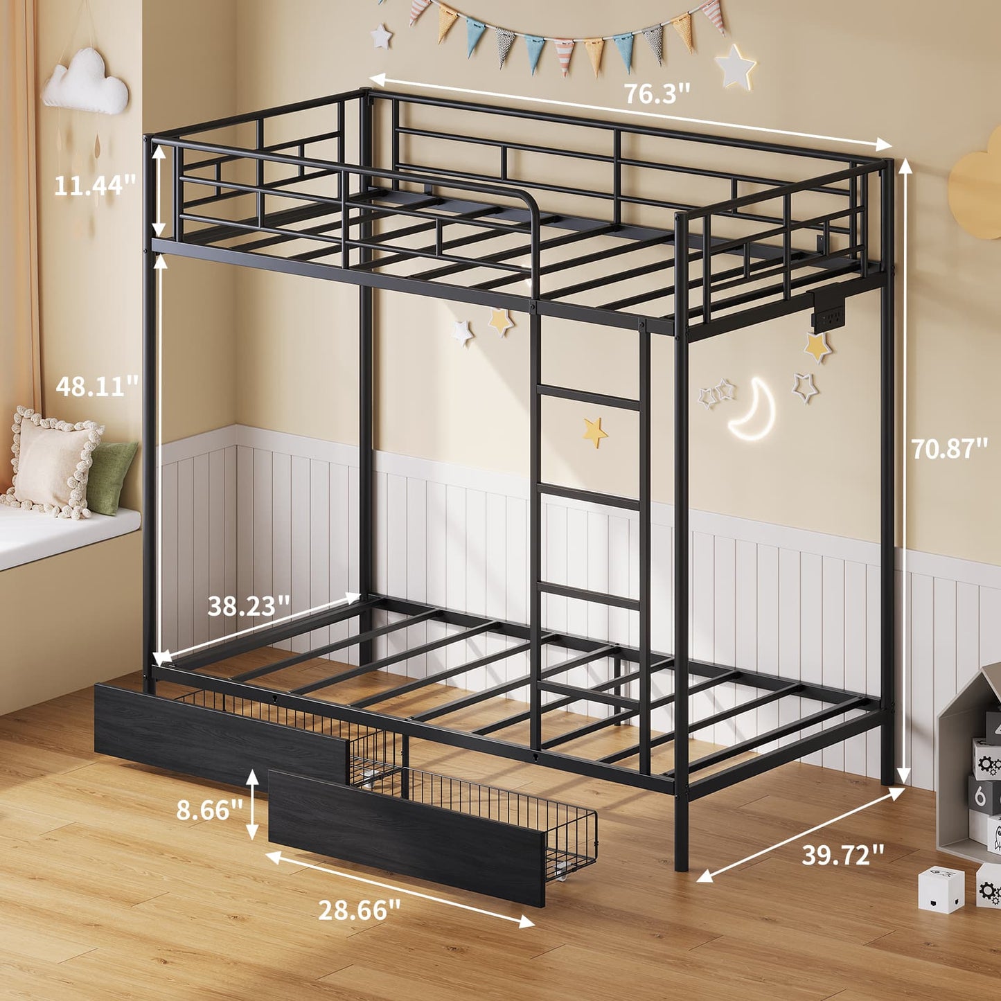 Twin Metal Bunk Bed with LED, USB Charging, Storage Drawers, No Box Spring Needed Black - Vektaya