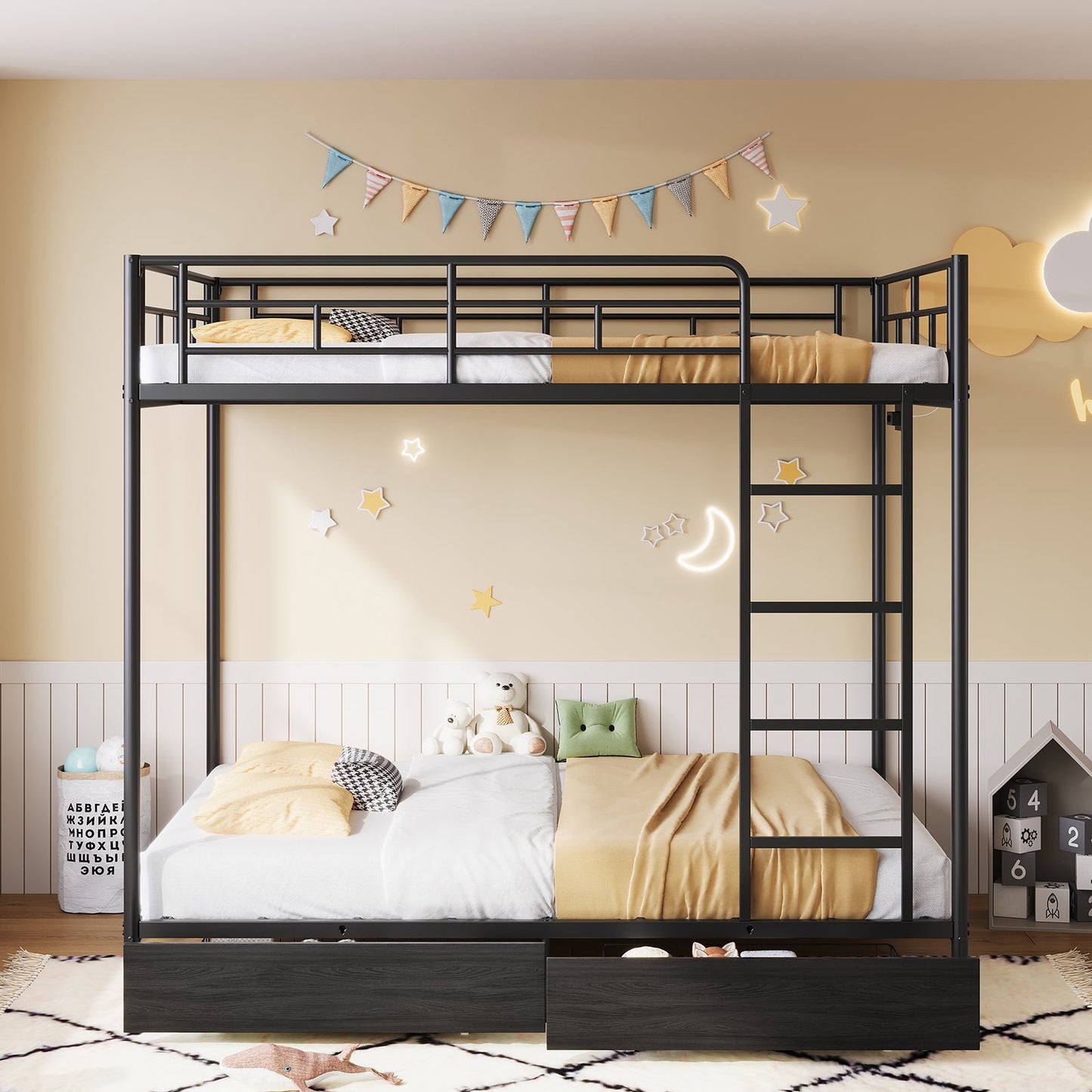 Twin Metal Bunk Bed with LED, USB Charging, Storage Drawers, No Box Spring Needed Black - Vektaya