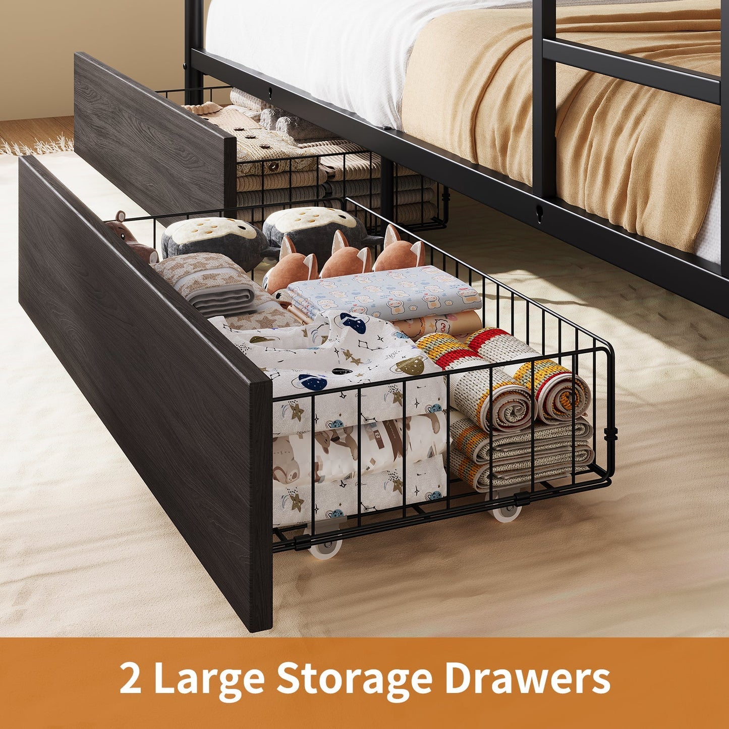 Twin Metal Bunk Bed with LED, USB Charging, Storage Drawers, No Box Spring Needed Black - Vektaya