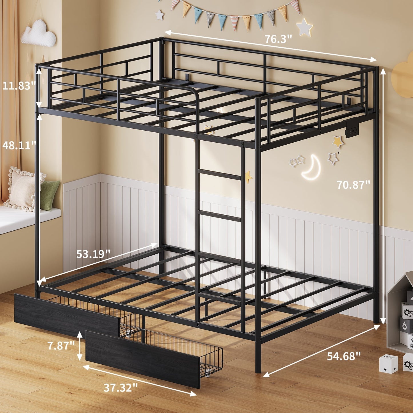 Twin Metal Bunk Bed with LED, USB Charging, Storage Drawers, No Box Spring Needed Black - Vektaya